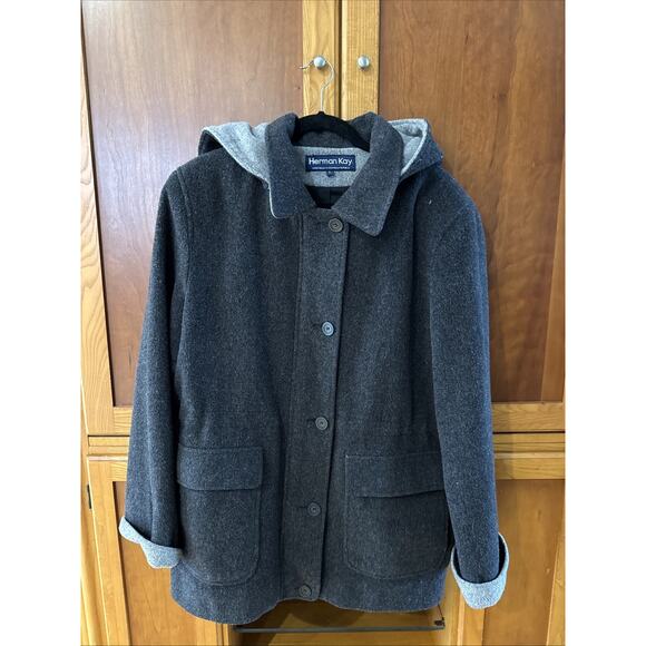 Herman Kay Jackets & Blazers - Vintage Herman Kay Coat Gray Wool Zip & Button Hooded Classic Heavy Size Large